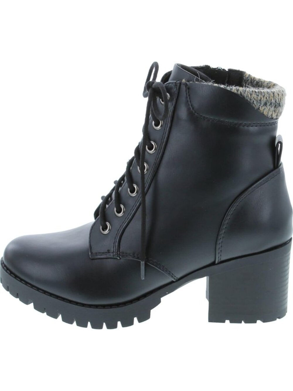 Women's Black PU Leather Chunky Heel Combat Ankle Boot Lace up w/Side Zipper